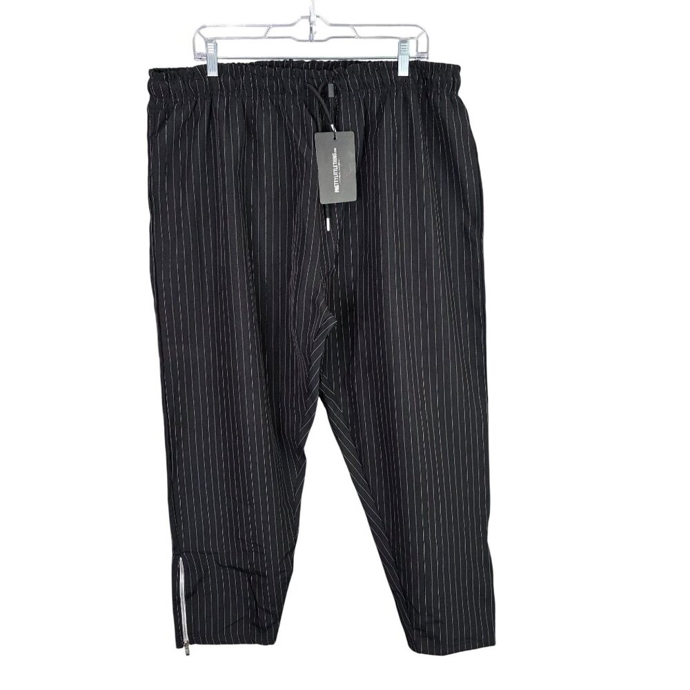 Womens PrettyLittleThing Black Pinstripe Elastic Waist Trousers Zipper Ankles 16